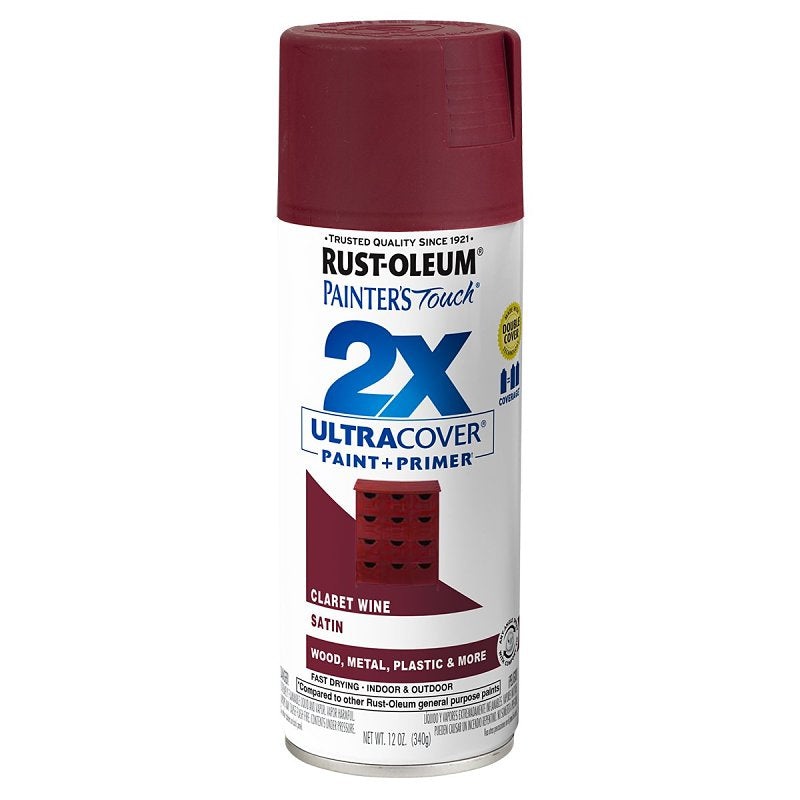 Rust-Oleum Painter’s Touch 2X Ultra Cover 334062 Spray Paint, Satin, Claret Wine, 12 oz, Aerosol Can
