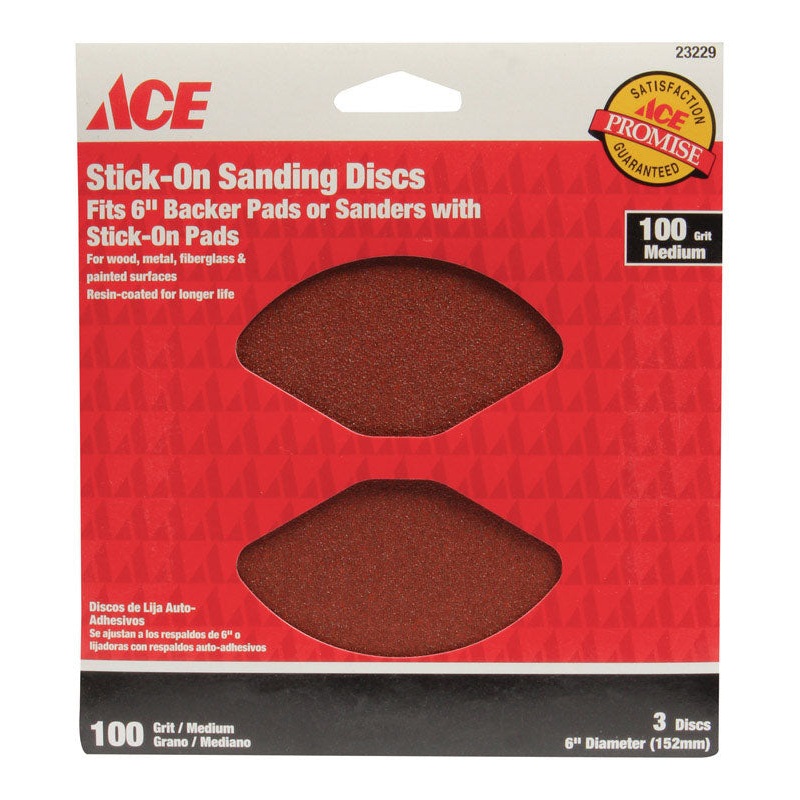 Ace 6 in. Dia. Sanding Disc 100 Grit Medium Adhesive 3 pk