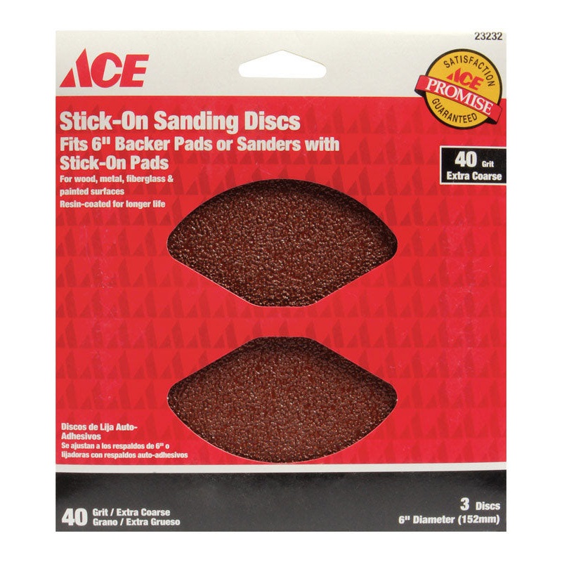 Ace 6 in. Dia. Sanding Disc 40 Grit Extra Coarse Adhesive 3 pk