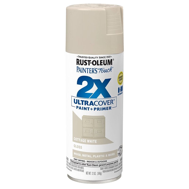 Rust-Oleum Painter’s Touch 2X Ultra Cover 334040 Spray Paint, Gloss, Cottage White, 12 oz, Aerosol Can
