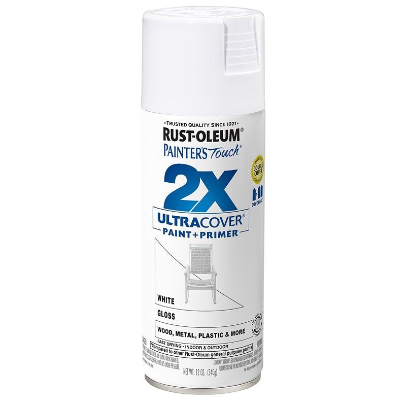 Rust-Oleum Painter’s Touch 2X Ultra Cover 334048 Spray Paint, Gloss, White, 12 oz, Aerosol Can