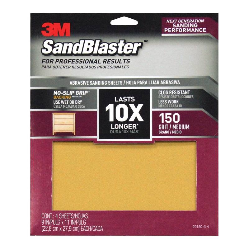 3M SandBlaster Sharp Synthetic Mineral Sandpaper 11 in. L x 9 in. W 150 Grit Medium 4 pk