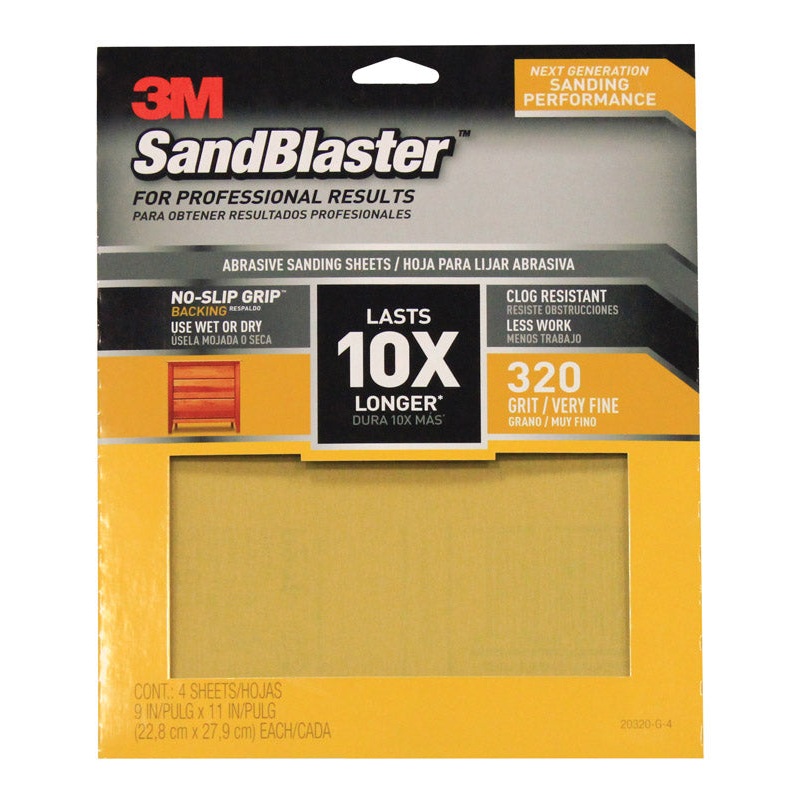 3M SandBlaster Sharp Synthetic Mineral Sandpaper 11 in. L x 9 in. W 320 Grit Fine 4 pk
