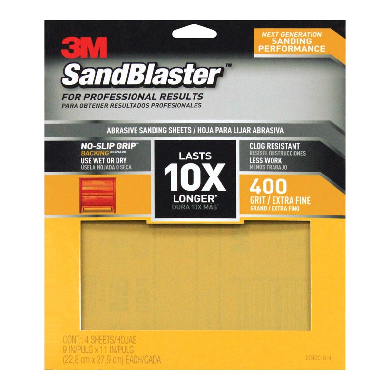 3M SandBlaster Sharp Synthetic Mineral Sandpaper 11 in. L x 9 in. W 400 Grit Ultra Fine 4 pk