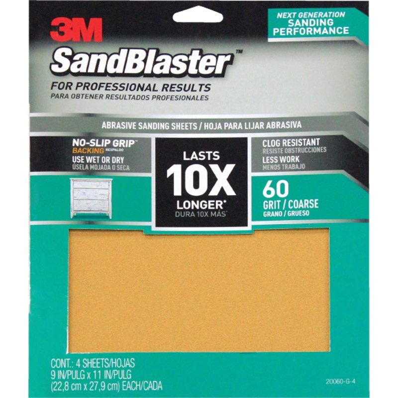 3M SandBlaster Sharp Synthetic Mineral Sandpaper 11 in. L x 9 in. W 60 Grit Coarse 4 pk