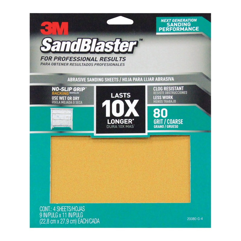 3M SandBlaster Sharp Synthetic Mineral Sandpaper 11 in. L x 9 in. W 80 Grit Coarse 4 pk