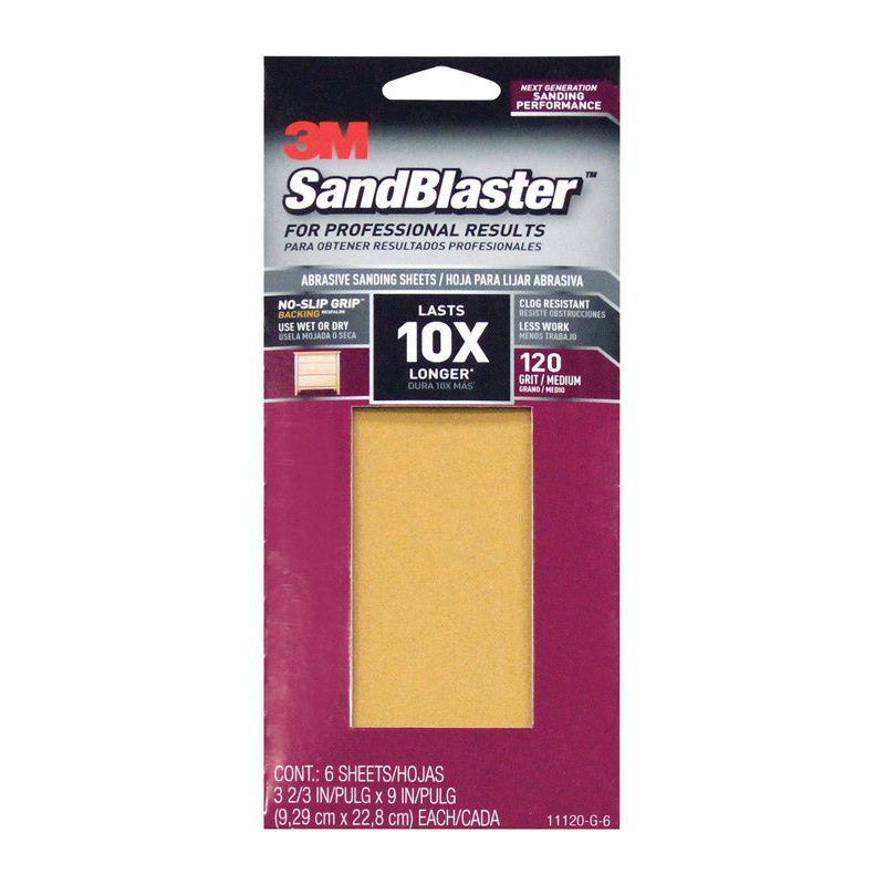 3M SandBlaster Sharp Synthetic Mineral Sandpaper 9 in. L x 3-2/3 in. W 120 Grit Medium 6 pk