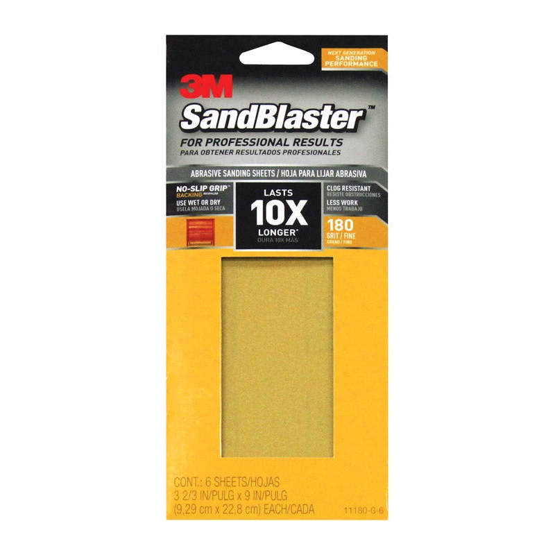 3M SandBlaster Sharp Synthetic Mineral Sandpaper 9 in. L x 3-2/3 in. W 180 Grit Medium 6 pk