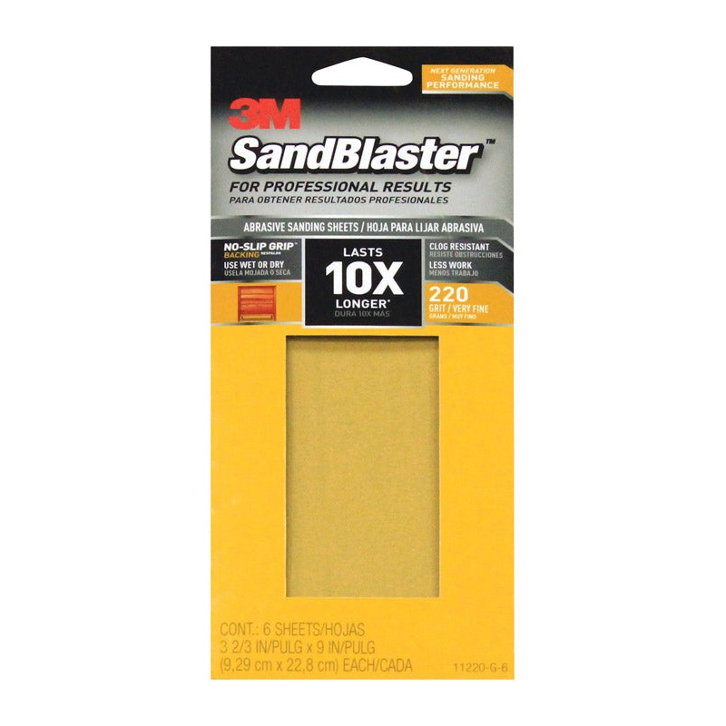 3M SandBlaster Sharp Synthetic Mineral Sandpaper 9 in. L x 3-2/3 in. W 220 Grit Fine 6 pk