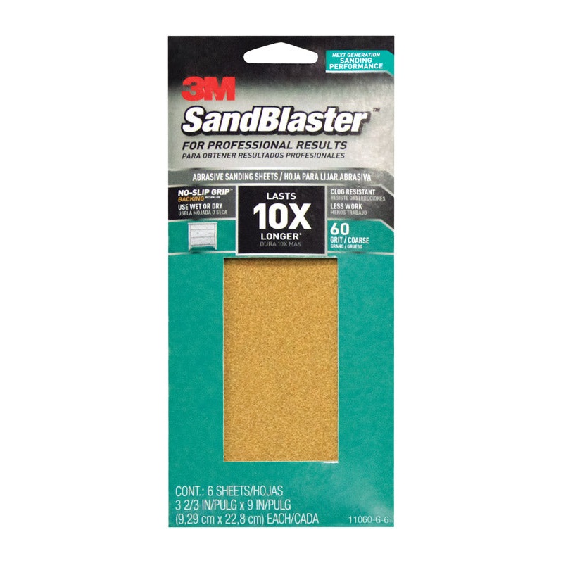 3M SandBlaster Sharp Synthetic Mineral Sandpaper 9 in. L x 3-2/3 in. W 60 Grit Coarse 6 pk
