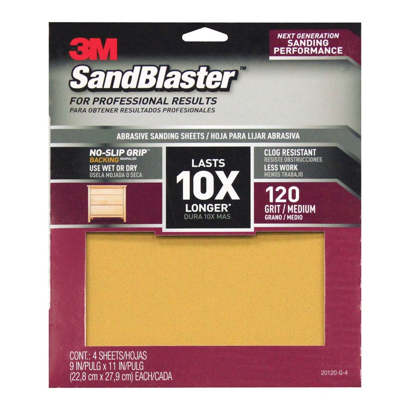 3M SandBlaster Sharp Synthetic Mineral Sandpaper 11 in. L x 9 in. W 120 Grit Medium 4 pk