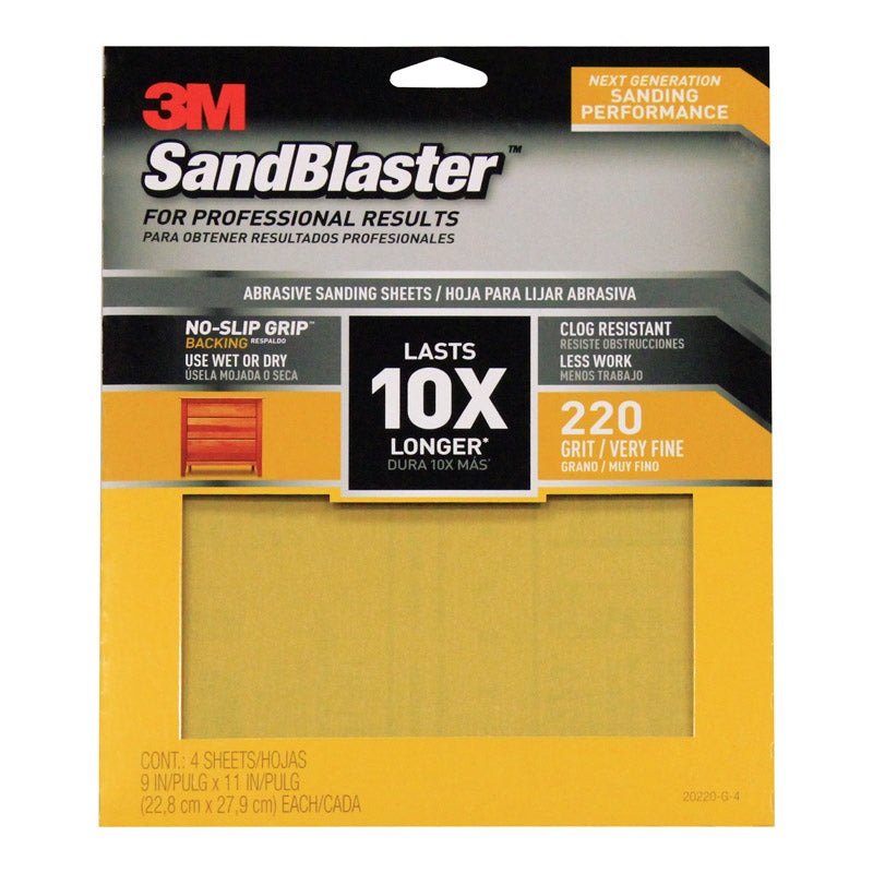 3M SandBlaster Sharp Synthetic Mineral Sandpaper 11 in. L x 9 in. W 220 Grit Fine 4 pk