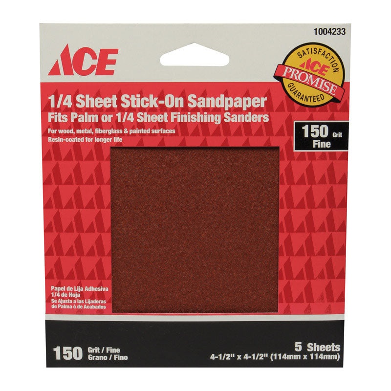 Ace Aluminum Oxide Sandpaper 4-1/2 in. L 150 Grit Fine 5 pk
