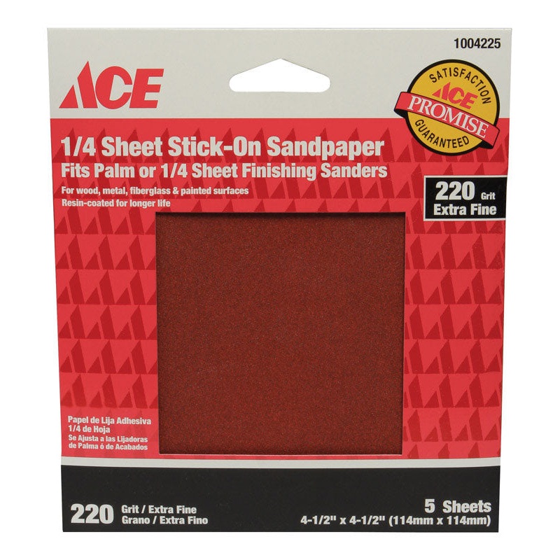Ace Aluminum Oxide Sandpaper 4-1/2 in. L 220 Grit Extra Fine 5 pk