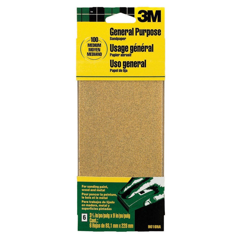 3M Aluminum Oxide Sandpaper 9 in. L 100 Grit Medium 6 pk