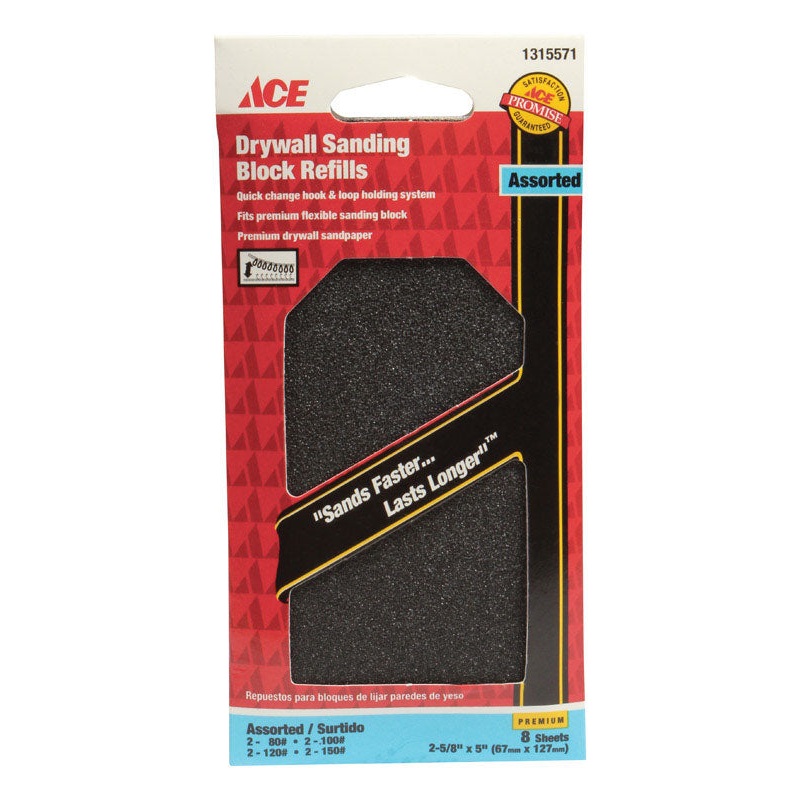 Ace Drywall Silicon Carbide Sanding Block Refill 5 in. L 80/100/120/150 Grit Assorted 8 pk