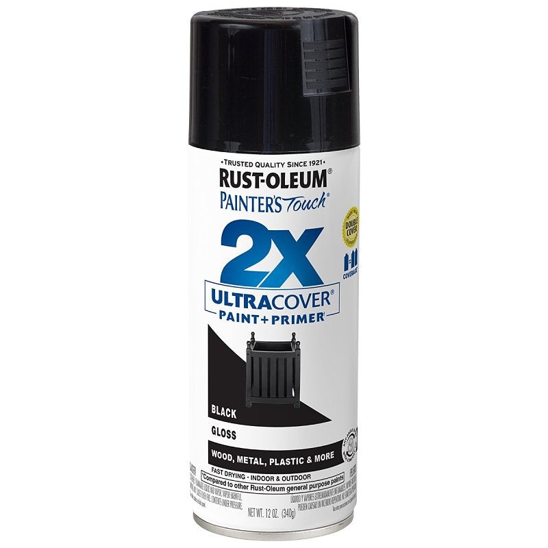 Rust-Oleum Painter’s Touch 2X Ultra Cover 334026 Spray Paint, Gloss, Black, 12 oz, Aerosol Can