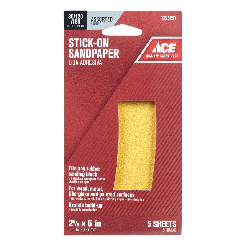 Ace Aluminum Oxide Sandpaper 5 in. L Assorted Grit Assorted 5 pk