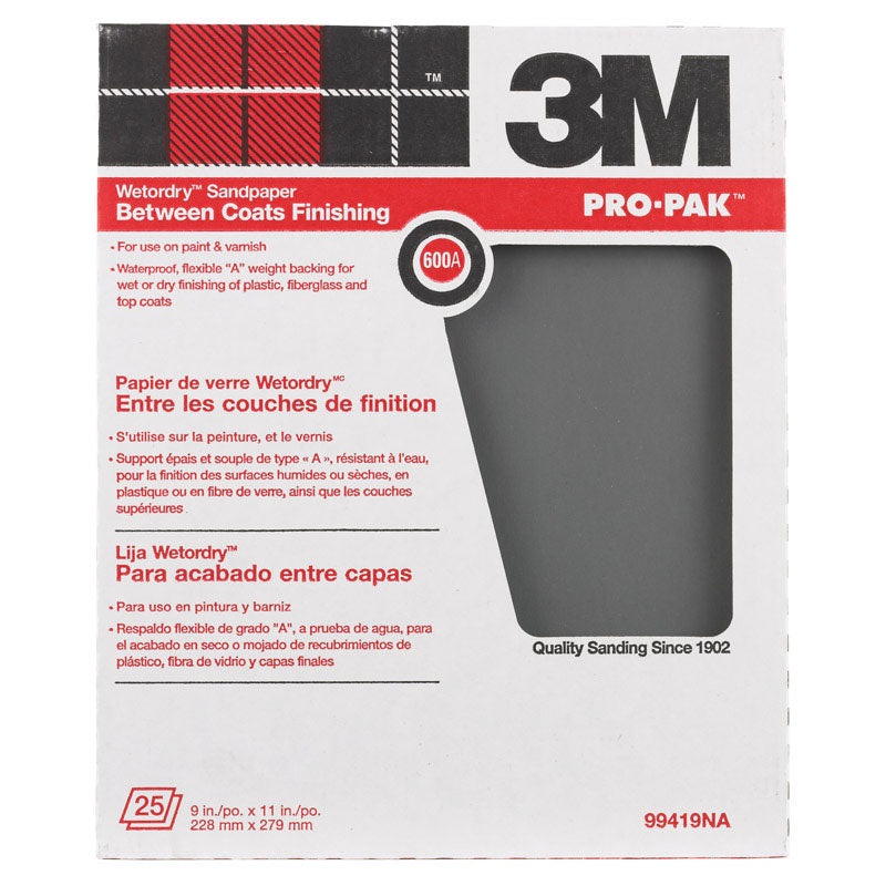 3M Pro-Pak Silicon Carbide Sandpaper 11 in. L 600 Grit Super Fine 1 pc.