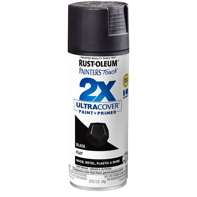 Rust-Oleum Painter’s Touch 2X Ultra Cover 334020 Spray Paint, Flat, Black, 12 oz, Aerosol Can