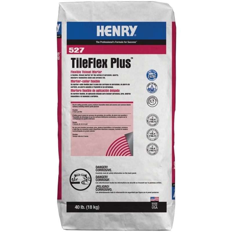 Henry 527 TileFlex Plus Series 13080 Thin-Set Mortar, Gray, Fine Solid Powder, 40 lb, Bag