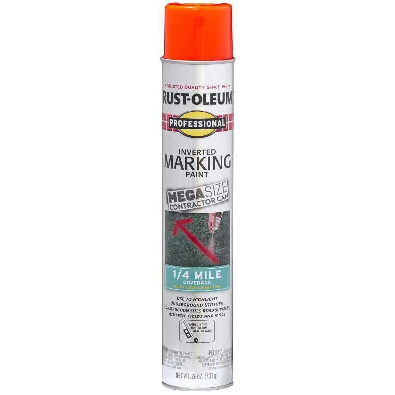 Rust-Oleum 350994 Inverted Marking Spray Paint, Flat/Semi-Gloss, Fluorescent Red/Orange, 26 oz, Can