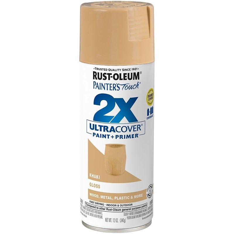 Rust-Oleum Painter’s Touch 2X Ultra Cover 334037 Spray Paint, Gloss, Khaki, 12 oz, Aerosol Can