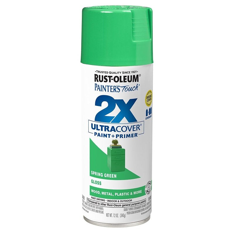 Rust-Oleum Painter’s Touch 2X Ultra Cover 334055 Spray Paint, Gloss, Spring Green, 12 oz, Aerosol Can