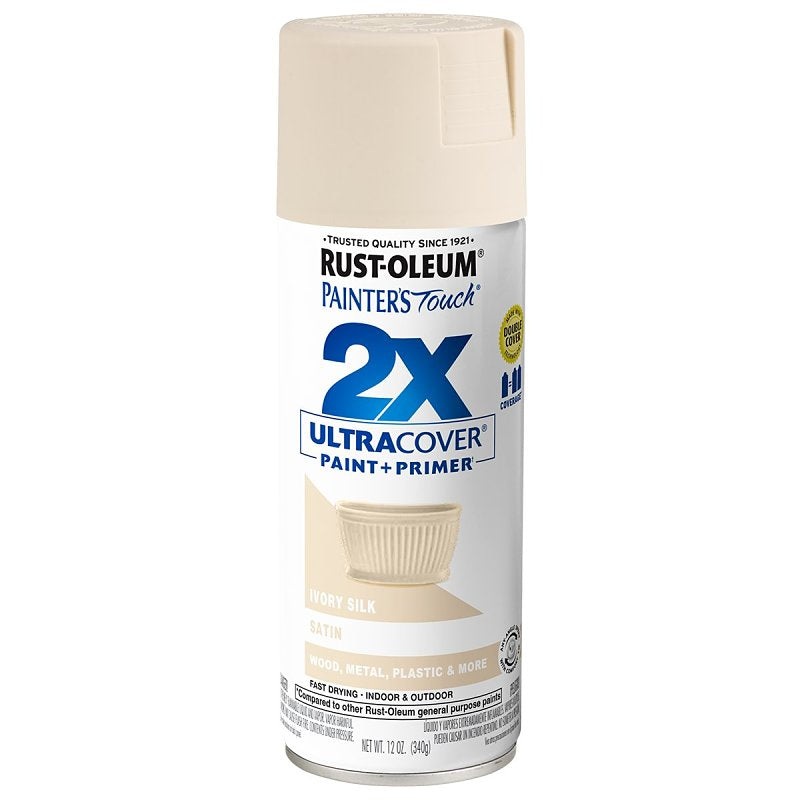 Rust-Oleum Painter’s Touch 2X Ultra Cover 334073 Spray Paint, Satin, Ivory Silk, 12 oz, Aerosol Can