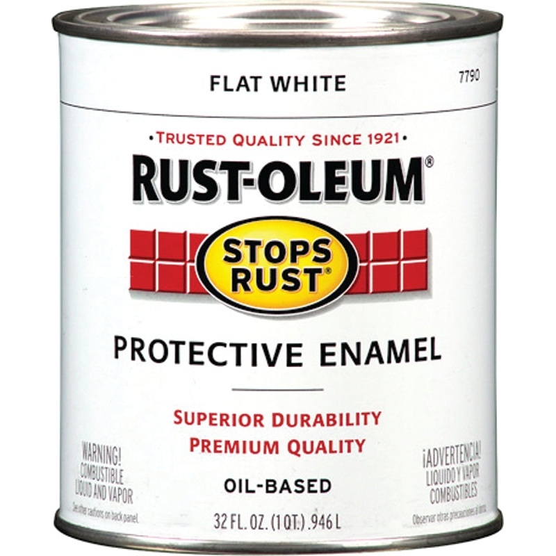 Rust-Oleum Stops Rust 7790502 Enamel Paint, Oil, Flat, White, 1 qt, Can, 50 to 110 sq-ft/qt Coverage Area