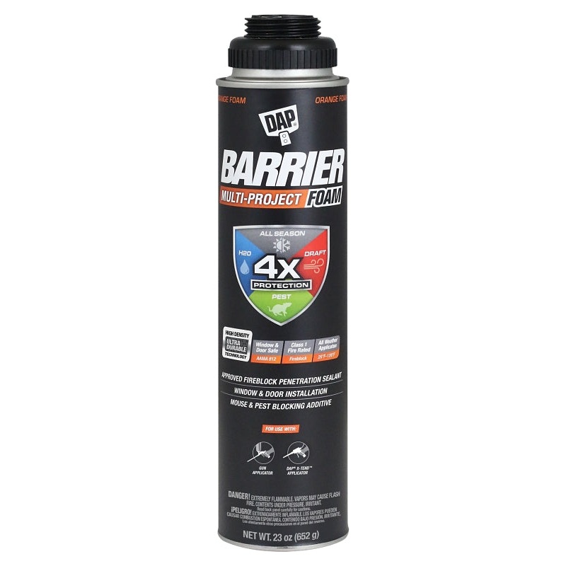 DAP Barrier 7565012532 Multi-Project Foam Sealant, Orange, 4 hr Functional Cure, 20 to 120 deg F, 23 oz Aerosol Can, Pack of 12