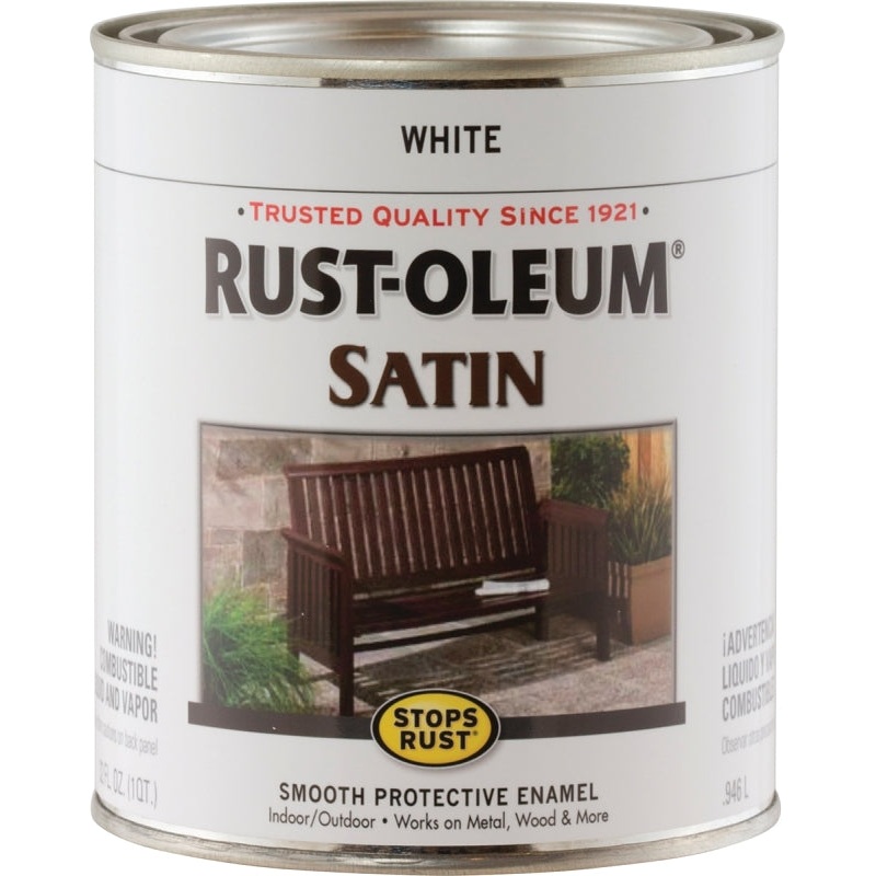 Rust-Oleum 7791502 Enamel Paint, Satin, White, 1 qt, Can, 60 to 100 sq-ft/qt Coverage Area