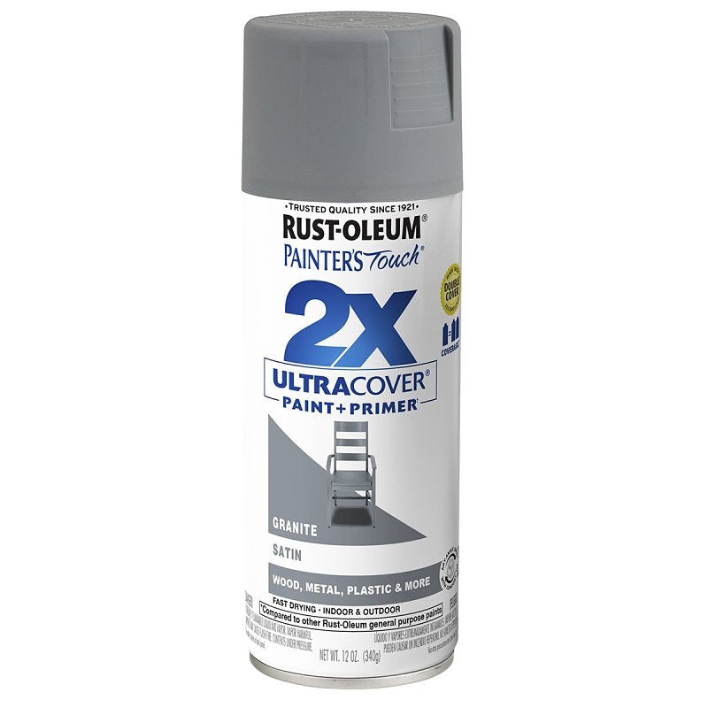 Rust-Oleum Painter’s Touch 2X Ultra Cover 334069 Spray Paint, Satin, Granite, 12 oz, Aerosol Can