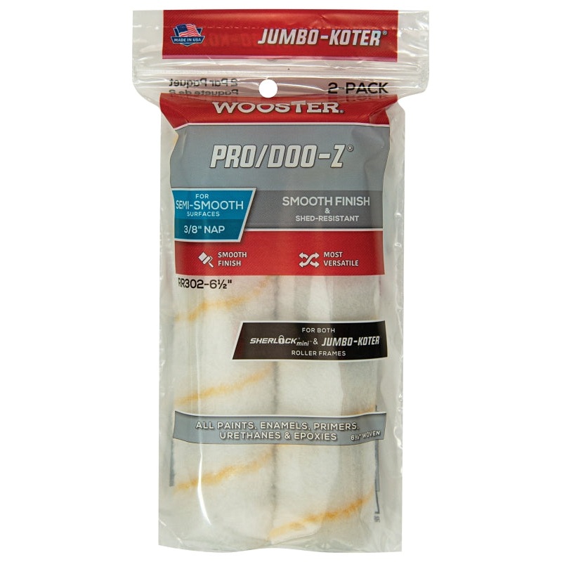 Wooster RR302-6 1/2 Roller Cover, White, 3/8 in Thick Nap, 6-1/2 in L, Fabric Cover, 2/PK