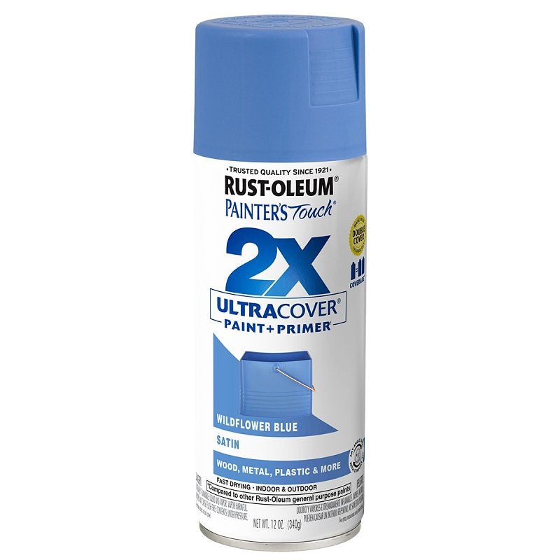 Rust-Oleum Painter’s Touch 2X Ultra Cover 334080 Spray Paint, Satin, Wildflower Blue, 12 oz, Aerosol Can