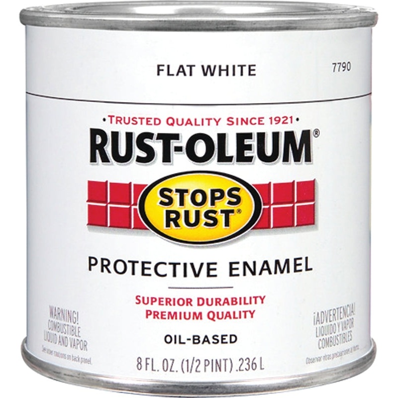 Rust-Oleum Stops Rust 7790730 Enamel Paint, Oil, Flat, White, 0.5 pt, Can, 50 to 110 sq-ft/qt Coverage Area