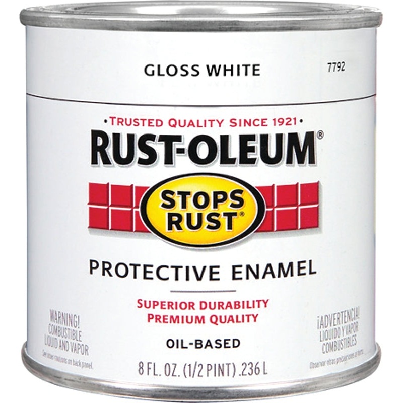 Rust-Oleum Stops Rust 7792730 Enamel Paint, Oil, Gloss, White, 0.5 pt, Can, 50 to 90 sq-ft/qt Coverage Area