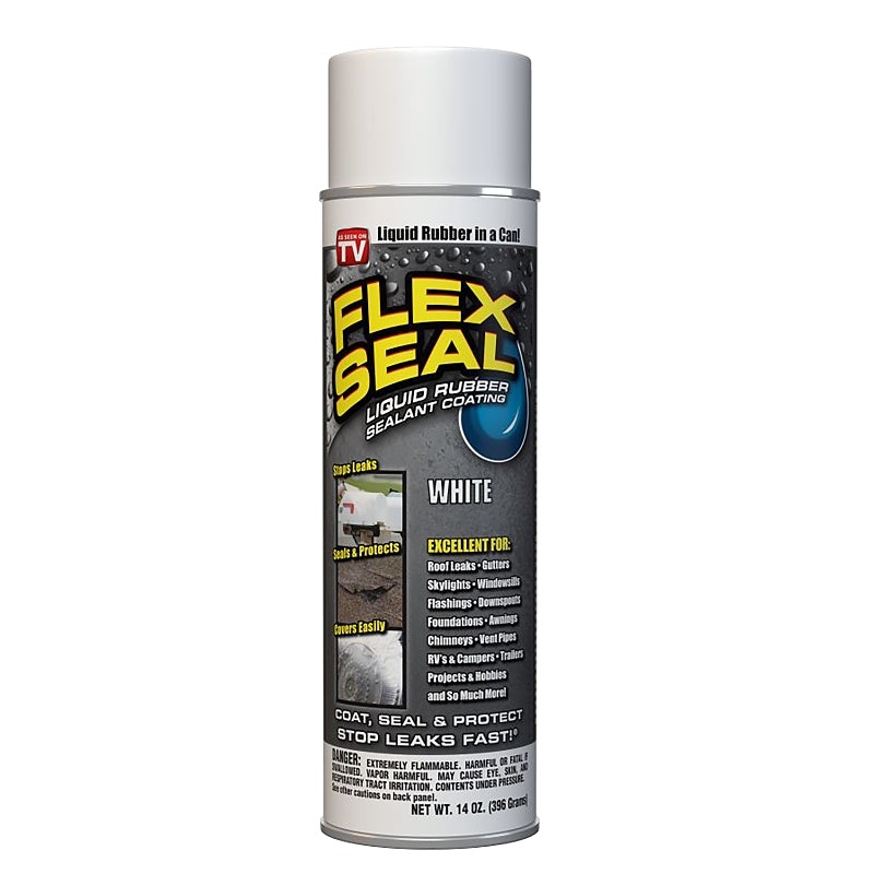 Flex Seal FSWHTR20 Rubberized Spray Coating, 2 to 12 sq-ft Coverage Area, White, 14 oz Can