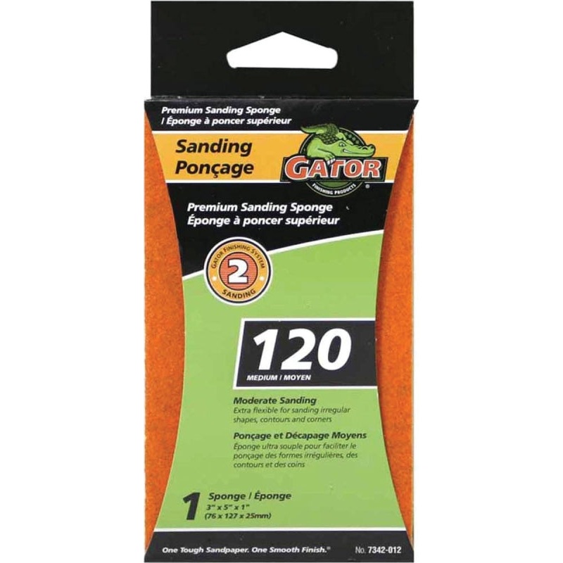 Gator 7342-012 Sanding Sponge, 5 in L, 3 in W, 120 Grit, Aluminum Oxide Abrasive, Jumbo Size