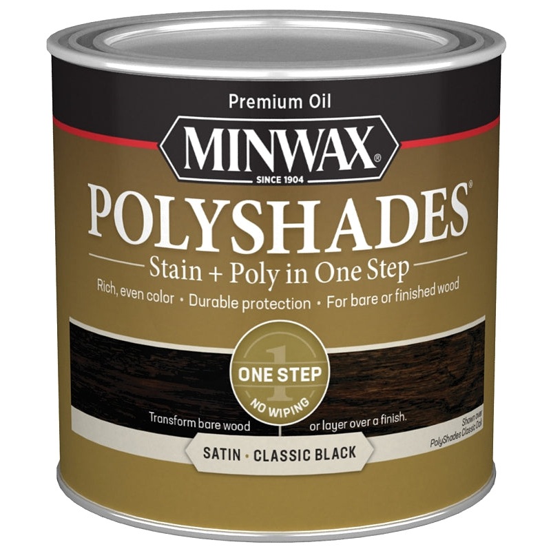 Minwax PolyShades 213954444 Wood Stain and Polyurethane, Satin, Classic Black, Liquid, 0.5 pt, Can