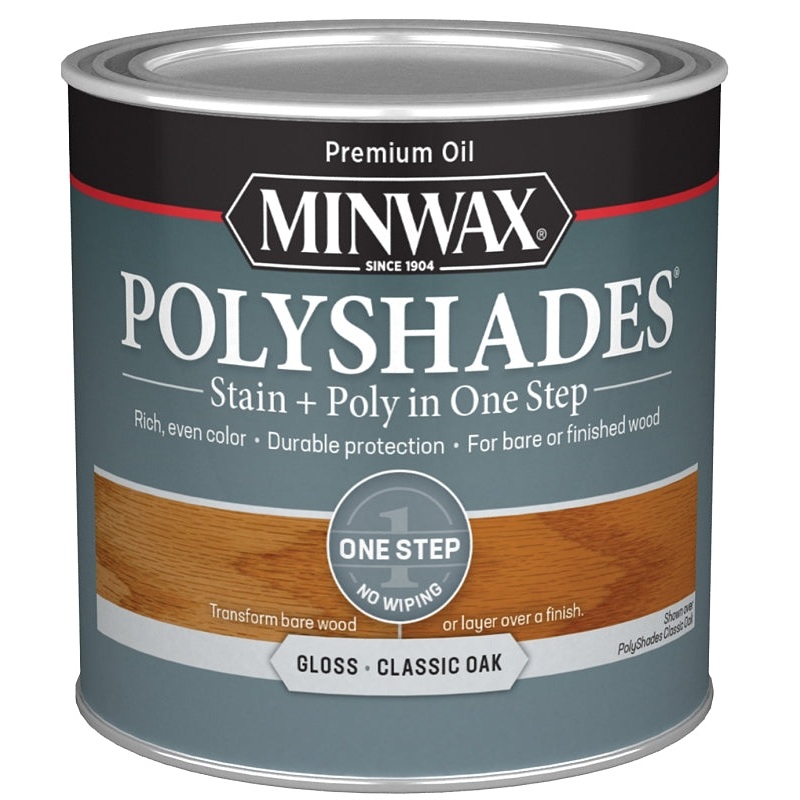 Minwax PolyShades 214704444 Wood Stain and Polyurethane, Gloss, Classic Oak, Liquid, 0.5 pt, Can