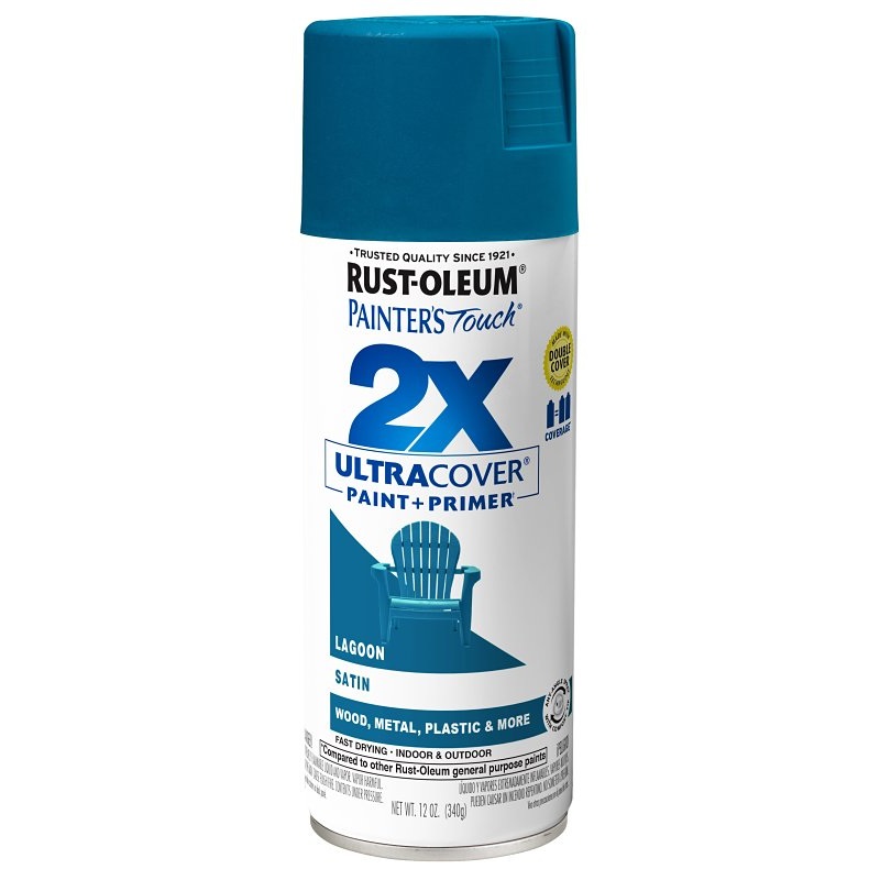 Rust-Oleum Painter’s Touch 2X Ultra Cover 334074 Spray Paint, Satin, Lagoon, 12 oz, Aerosol Can