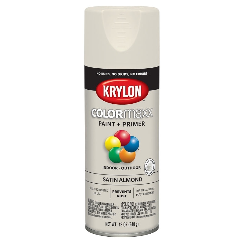 Krylon K05554007 Enamel Spray Paint, 12 oz Can, 25 sq-ft Coverage Area, Acrylic Base, Satin, Almond