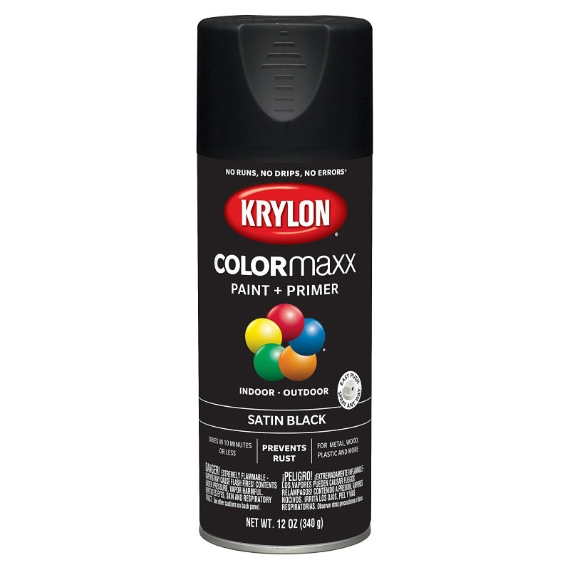 Krylon K05557007 Enamel Spray Paint, 12 oz Can, 25 sq-ft Coverage Area, Acrylic Base, Satin, Black
