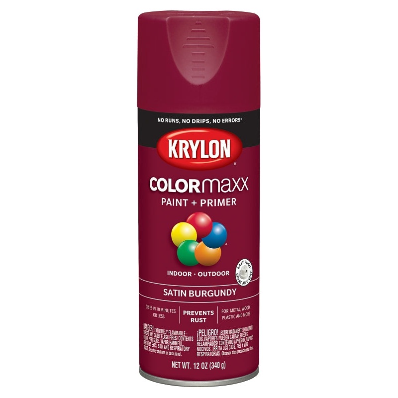 Krylon K05560007 Enamel Spray Paint, 12 oz Can, 25 sq-ft Coverage Area, Acrylic Base, Satin, Burgundy