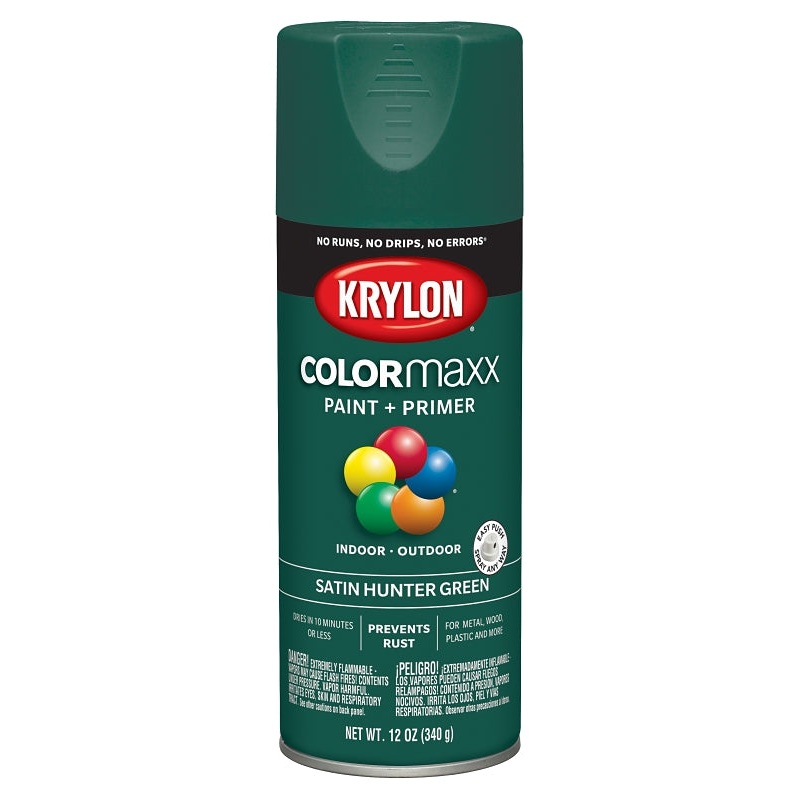 Krylon K05563007 Enamel Spray Paint, 12 oz Can, 25 sq-ft Coverage Area, Acrylic Base, Satin, Hunter Green