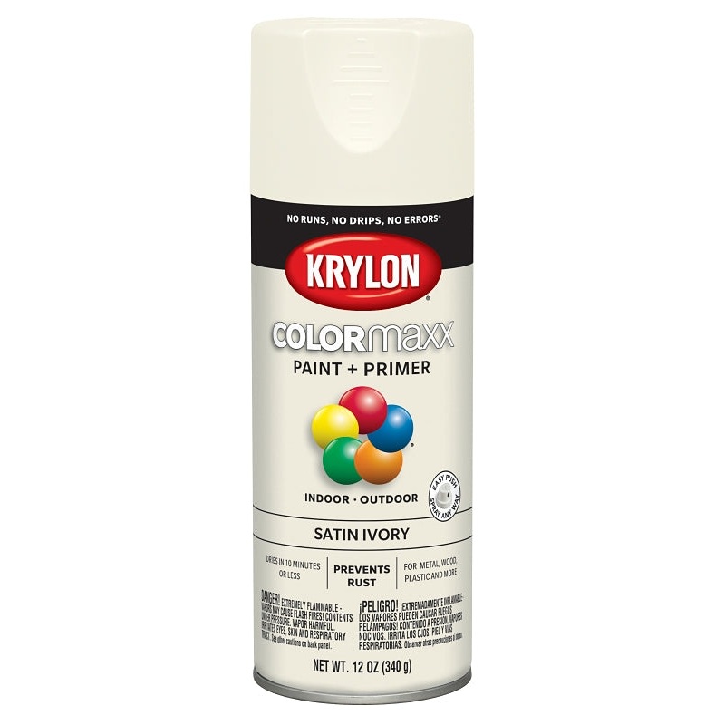 Krylon K05567007 Enamel Spray Paint, 12 oz Can, 25 sq-ft Coverage Area, Acrylic Base, Satin, Ivory