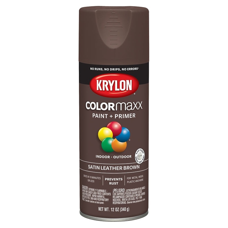 Krylon K05569007 Enamel Spray Paint, 12 oz Can, 25 sq-ft Coverage Area, Acrylic Base, Satin, Leather Brown