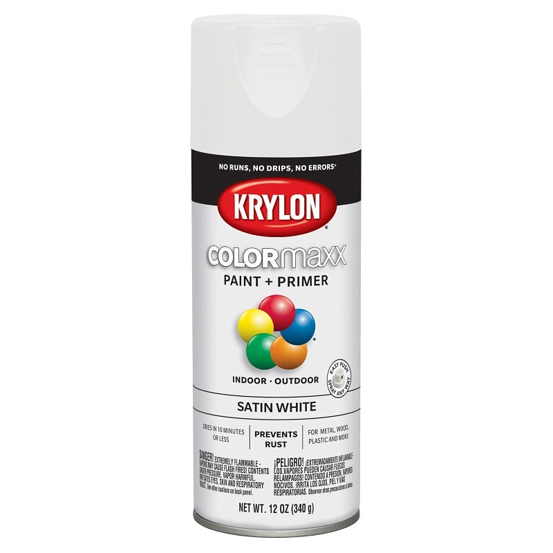 Krylon K05577007 Enamel Spray Paint, 12 oz Can, 25 sq-ft Coverage Area, Acrylic Base, Satin, White