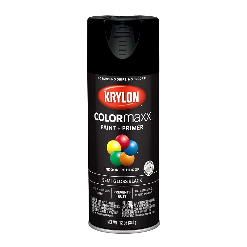 Krylon K05579007 Enamel Spray Paint, 12 oz Can, 25 sq-ft Coverage Area, Acrylic Base, Semi-Gloss, Black